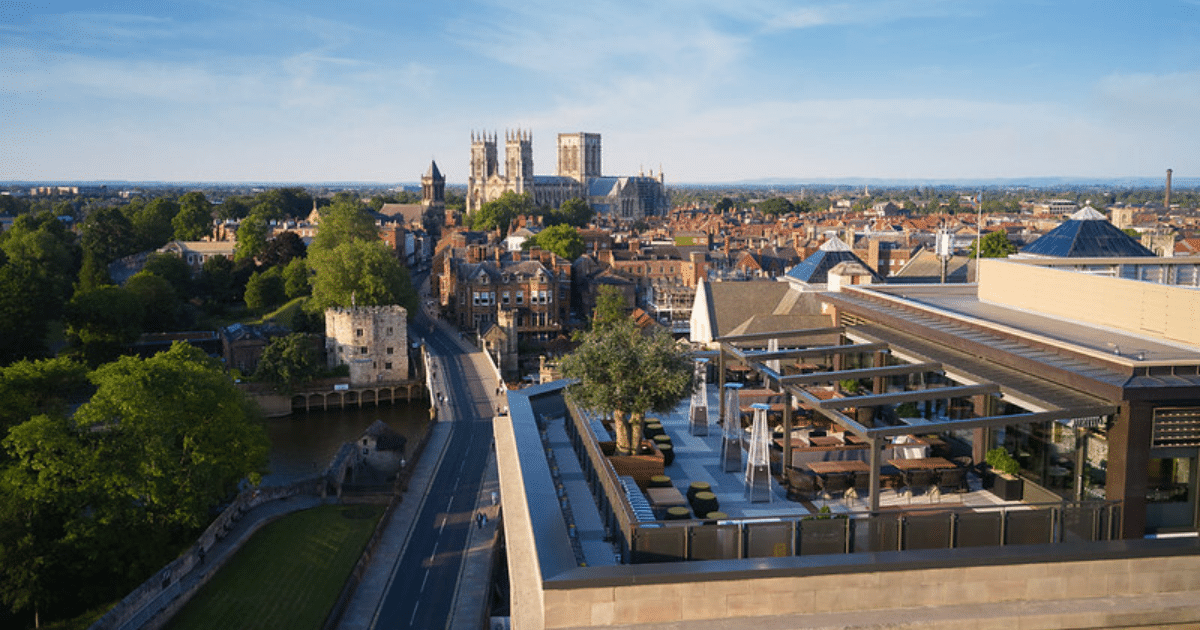Aerial shot over looking the Sora Roof Bar & Terrace in York
