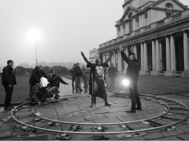 A black and white shot of Chris Hemsworth playing Thor at the Old Royal Naval College during filming for Thor: The Dark World.